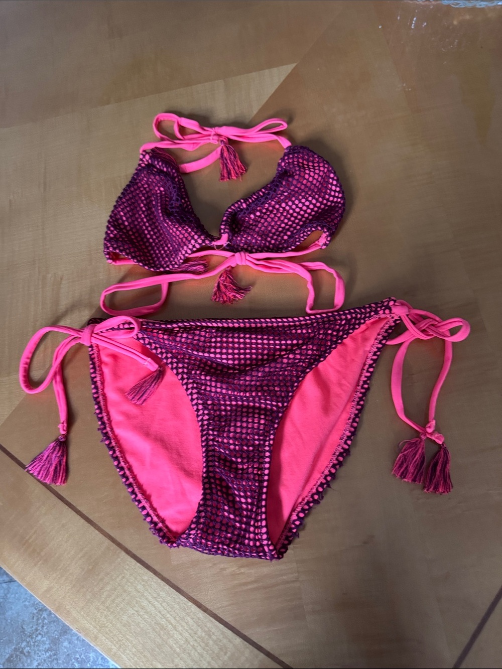 Trillium Hot Pink and Magenta Beaded Crochet Bikini Set size l